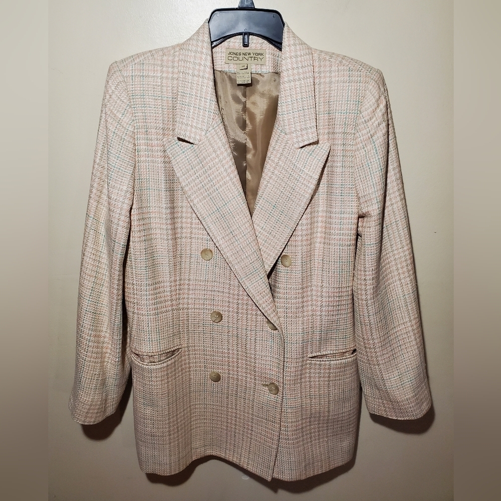 Vintage Jones New York Houndstooth Plaid Blazer Size 14 100% Silk